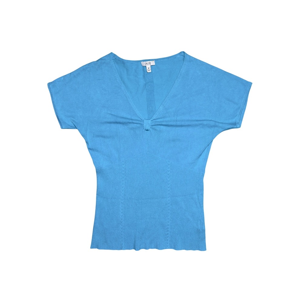 Cache Womens Sky Blue V-Neck Short Sleeve Knit Sweater Button Back Top Size M